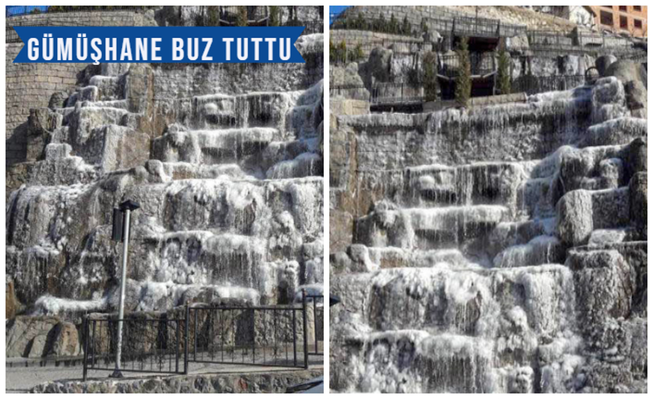 Gümüşhane kent merkezindeki yapay şelale buz tuttu