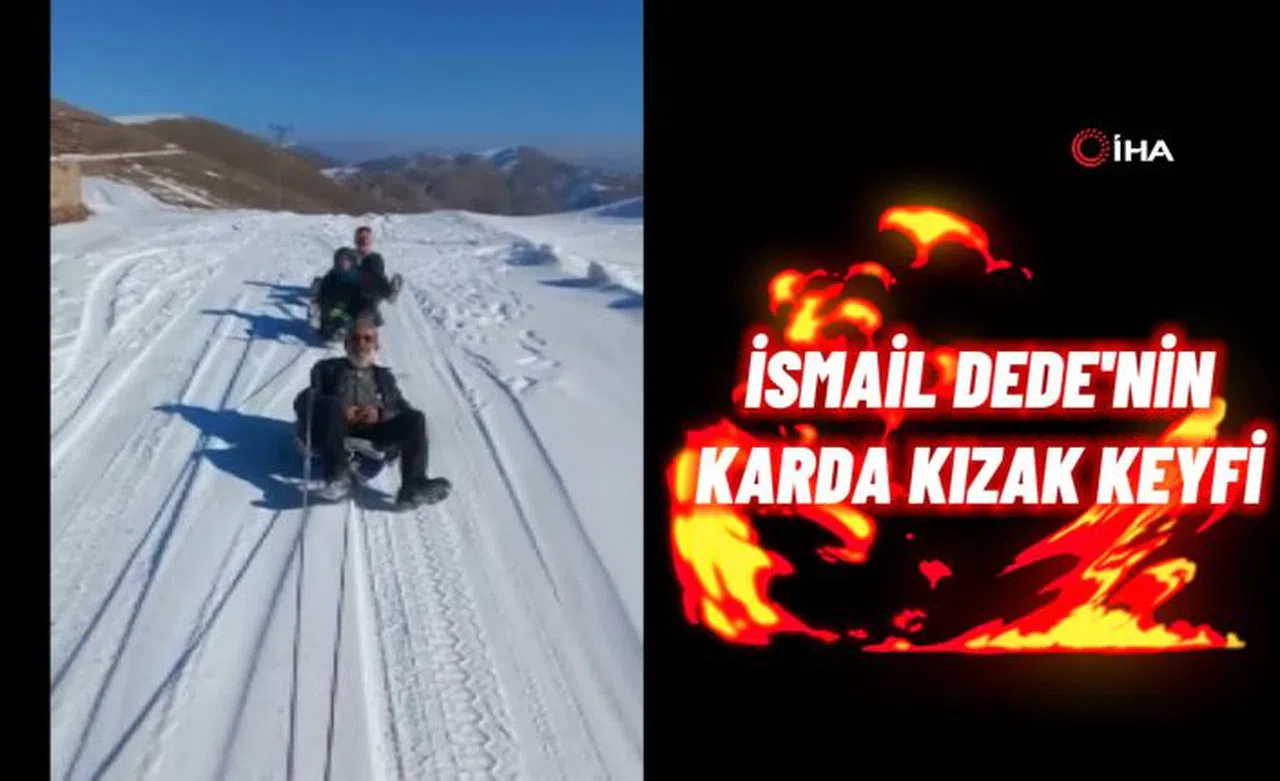 70 yaşındaki İsmail dedenin karda kızak keyfi izleyenleri gülümsetti