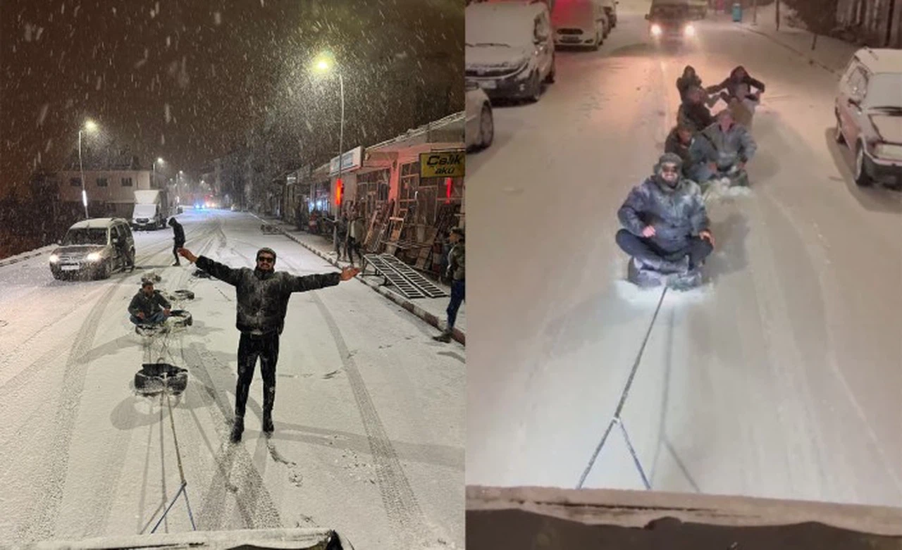 Pikabın arkasına bağladıkları lastiklerle kar üstünde tüm ilçeyi turladılar