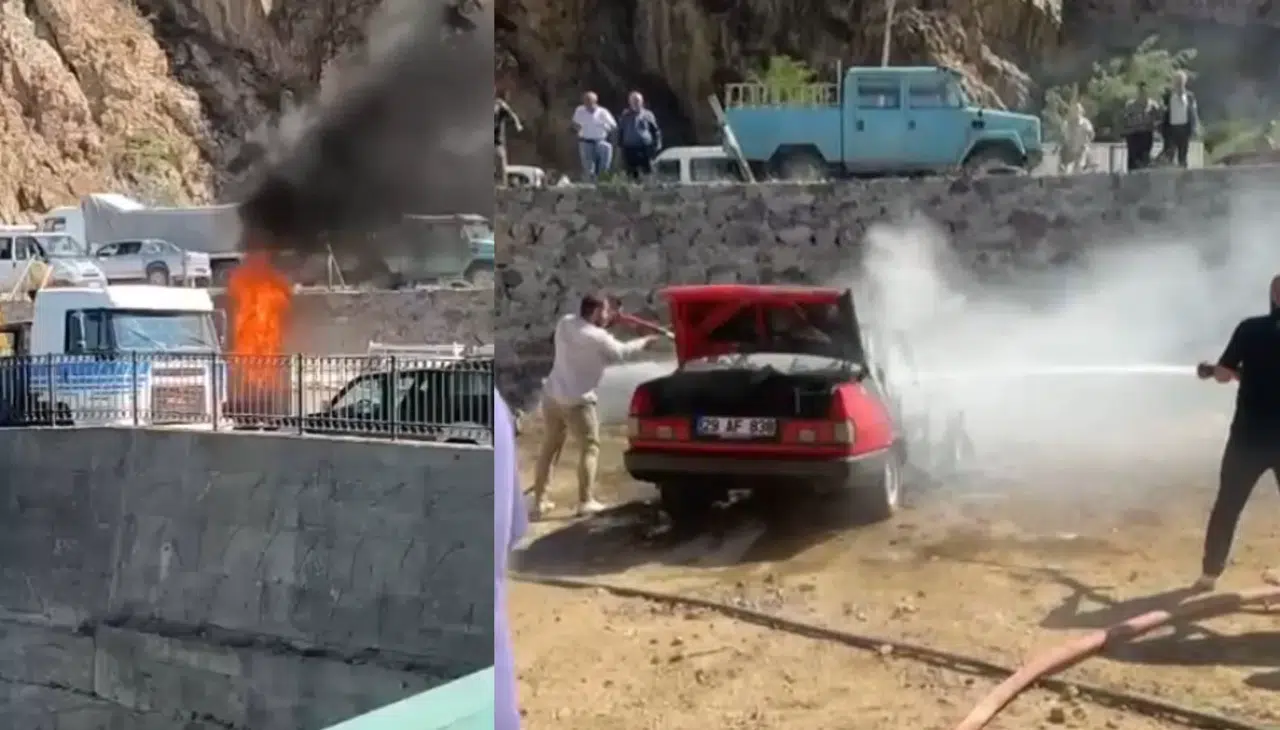 Gümüşhane’de park halindeki LPG’li otomobil alev alev yandı