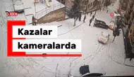 Gümüşhane'de buzlu yolda yokuş aşağı kayan araçlar kamerada