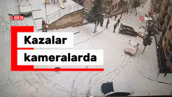 Gümüşhane'de buzlu yolda yokuş aşağı kayan araçlar kamerada