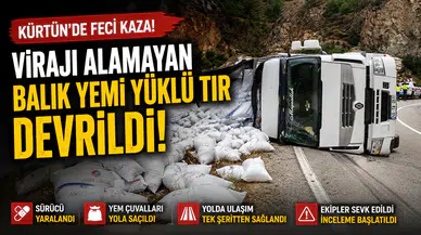 Kürtün’de Virajı Alamayan Balık Yemi Yüklü Tır Yola Devrildi!