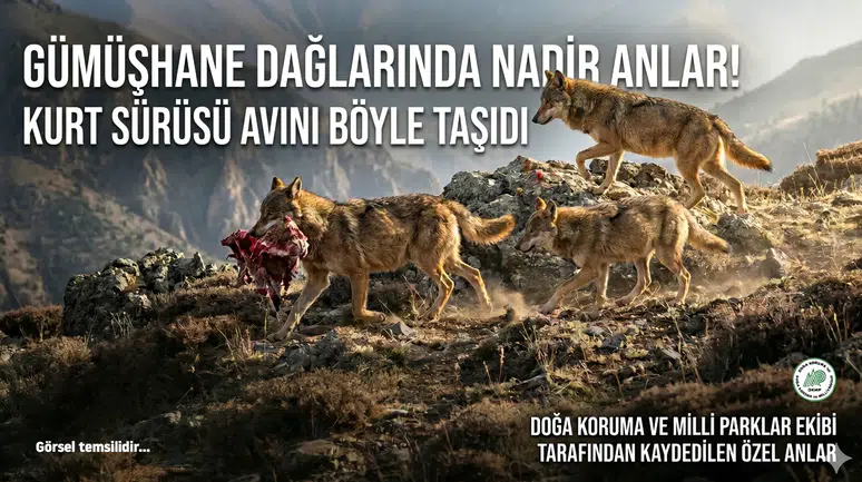 Gümüşhane Dağlarında Nadir Anlar! Kurt Sürüsü Avını Böyle Taşıdı