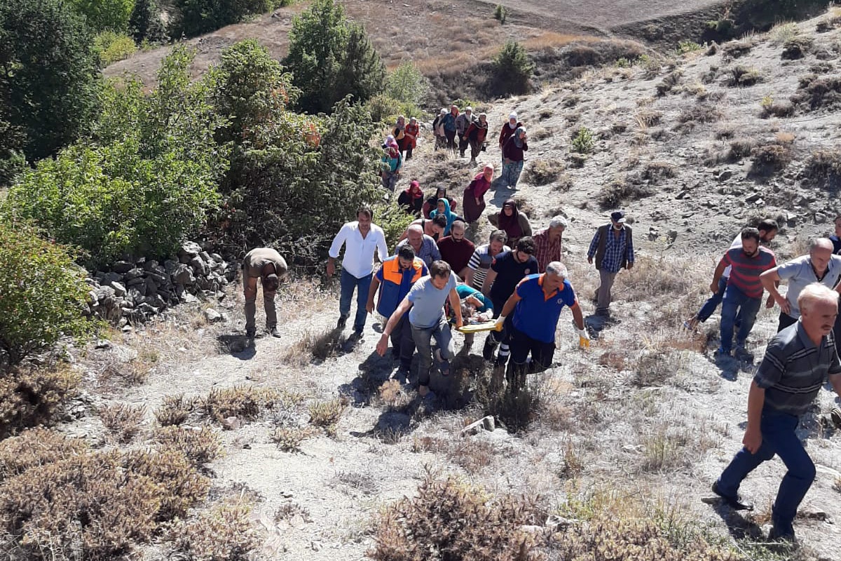Cevizden düşen kadını bir kilometre sedyede taşıyarak ambulansa ulaştırdılar 2