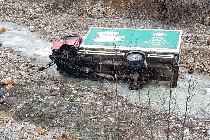 Köpeğe çarpmamak için manevra yapan kamyon dereye uçtu: 2 yaralı 1