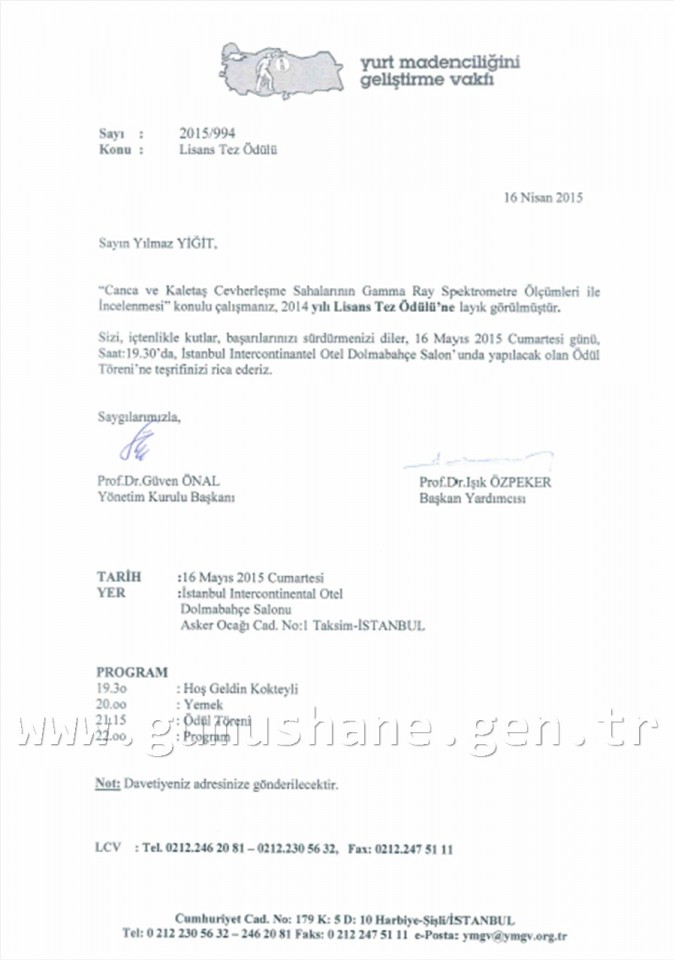 YMGV lisans tez ödülü Gümüşhane’nin 1