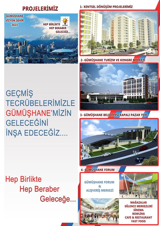 5. GÜMÜŞHANEMİZ’de İstanbul gibi metropol şehirlerdeki yatırımcı iş adamlarımızı yatırıma özendirici projeler üreterek GÜMÜŞHANEMİZE aidiyet duygusu oluşturup yatırım yapmalarını teşvik edeceğiz.

6. GÜMÜŞHANE’de yapımı planlanan proje ihale ekonomilerinin dış illere kaymaması için malzeme ve personel temini Gümüşhane’den yapılması konusunda görüşmeler yaparak ekonominin GÜMÜŞHANE’mizde kalması sağlanacaktır.
