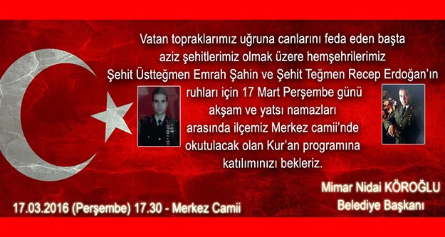 Torul Belediyesi şehitler için Kur’an okutacak